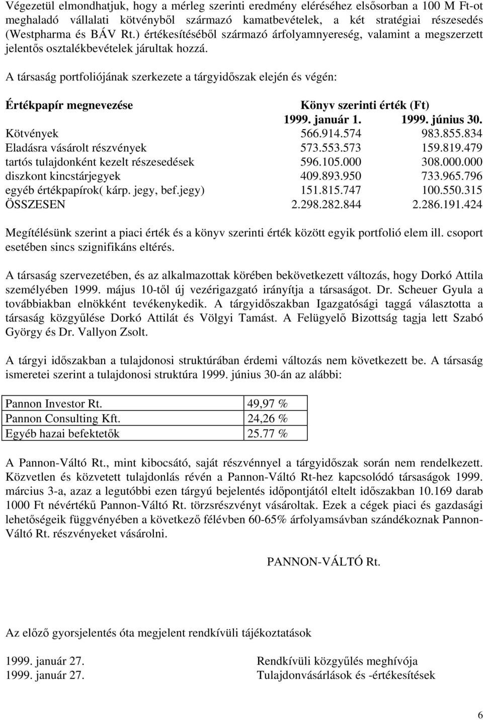 A társaság portfoliójának szerkezete a tárgyidőszak elején és végén: Értékpapír megnevezése Könyv szerinti érték (Ft) 1999. január 1. 1999. június 30. Kötvények 566.914.574 983.855.