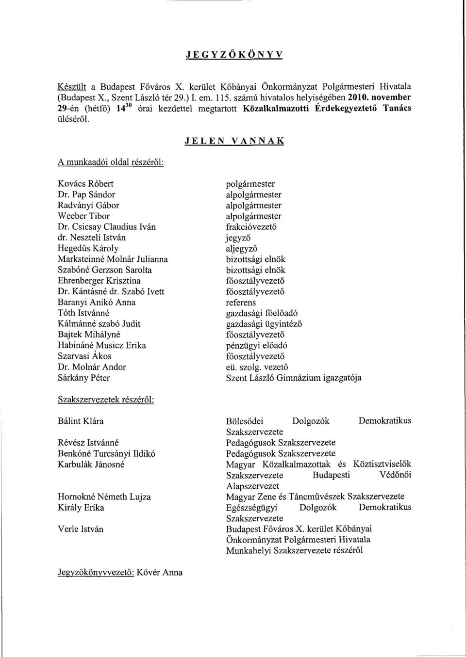 Pap Sándor Radványi Gábor Weeber Tibor Dr. Csicsay Claudius Iván dr. Neszteli István Hegedűs Károly Marksteinné Molnár Julianna Szabóné Gerzson Sarolta Ehrenberger Krisztina Dr. Kántásné dr.