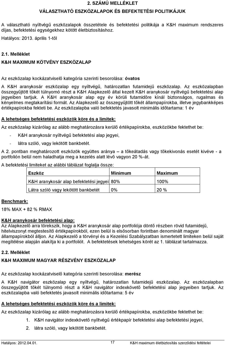 . április 1-től 2.1. Melléklet K&H MAXIMUM KÖTVÉNY ESZKÖZALAP Az eszközalap kockázatviselő kategória szerinti besorolása: óvatos A K&H aranykosár eszközalap egy nyíltvégű, határozatlan futamidejű eszközalap.