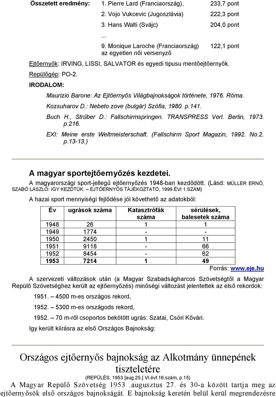 IRODALOM: Maurizio Barone: Az Ejtőernyős Világbajnokságok története, 1976. Róma. Kozsuharov D.: Nebeto zove (bulgár) Szófia, 1980. p.141. Buch H., Strűber D.: Fallschirmspringen. TRANSPRESS Verl.