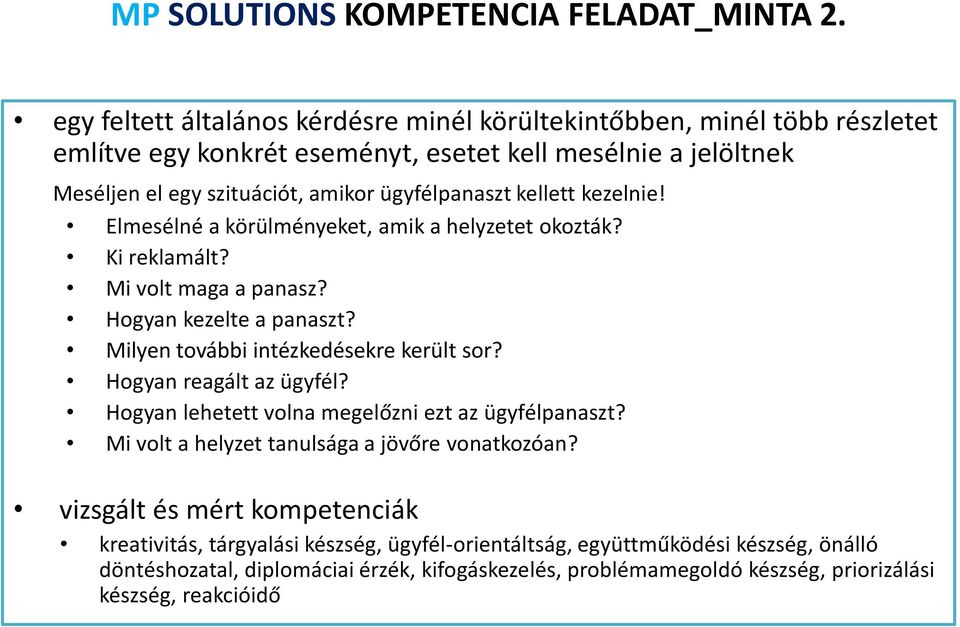 kellett kezelnie! Elmesélné a körülményeket, amik a helyzetet okozták? Ki reklamált? Mi volt maga a panasz? Hogyan kezelte a panaszt? Milyen további intézkedésekre került sor?