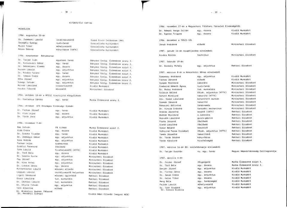 Zsámboki László Seregély György Myckó Tibor Mózes Ödönné levéltárvezető nyelvtanár műhelyvezető könyvtáros (VAFK) Szabd Ervin Emlékérem (MM) Szocialista Kultúráért Szocialista Kultúráért Szocialista