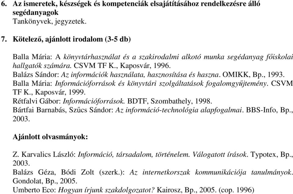 Rétfalvi Gábor: Információforrások. BDTF, Szombathely, 1998. Bártfai Barnabás, Szűcs Sándor: Az információ-technológia alapfogalmai. BBS-Info, Bp., 2003. Ajánlott olvasmányok: Z.