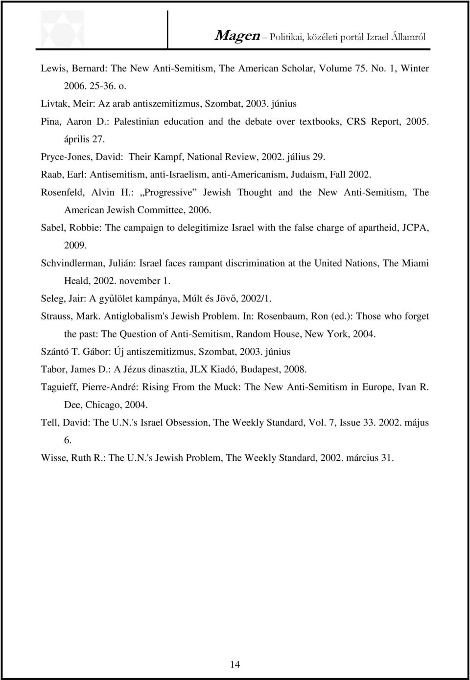 Raab, Earl: Antisemitism, anti-israelism, anti-americanism, Judaism, Fall 2002. Rosenfeld, Alvin H.: Progressive Jewish Thought and the New Anti-Semitism, The American Jewish Committee, 2006.