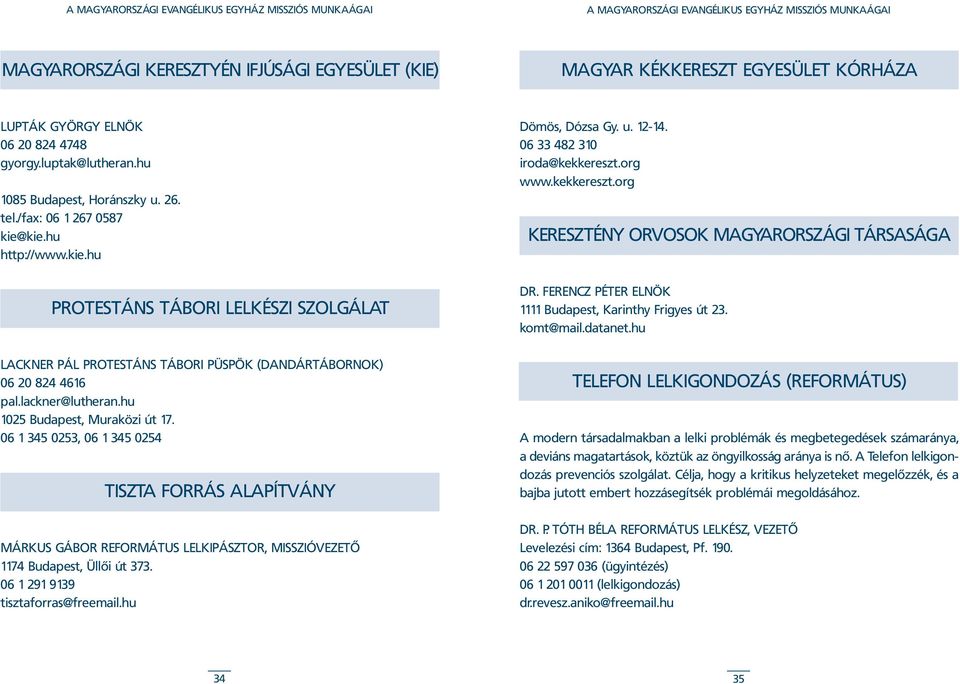 hu 1025 Budapest, Muraközi út 17. 06 1 345 0253, 06 1 345 0254 TISZTA FORRÁS ALAPÍTVÁNY MÁRKUS GÁBOR REFORMÁTUS LELKIPÁSZTOR, MISSZIÓVEZETÕ 1174 Budapest, Üllõi út 373.