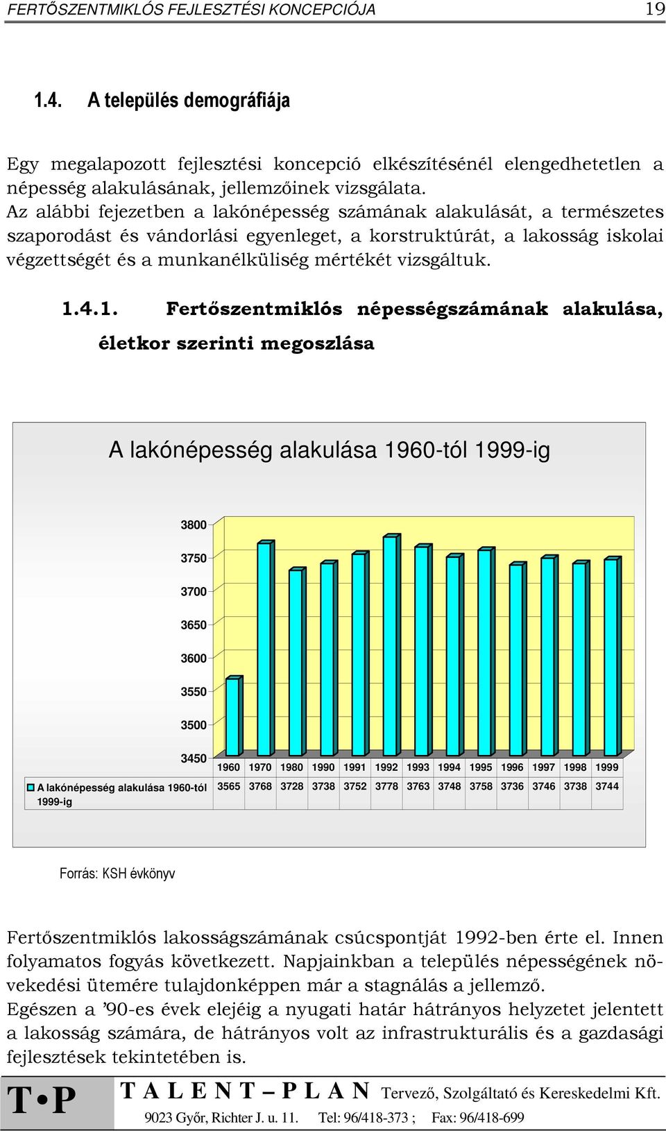 1.4.1. Fertőszentmiklós népességszámának alakulása, életkor szerinti megoszlása A lakónépesség alakulása 1960-tól 1999-ig 3800 3750 3700 3650 3600 3550 3500 3450 A lakónépesség alakulása 1960-tól