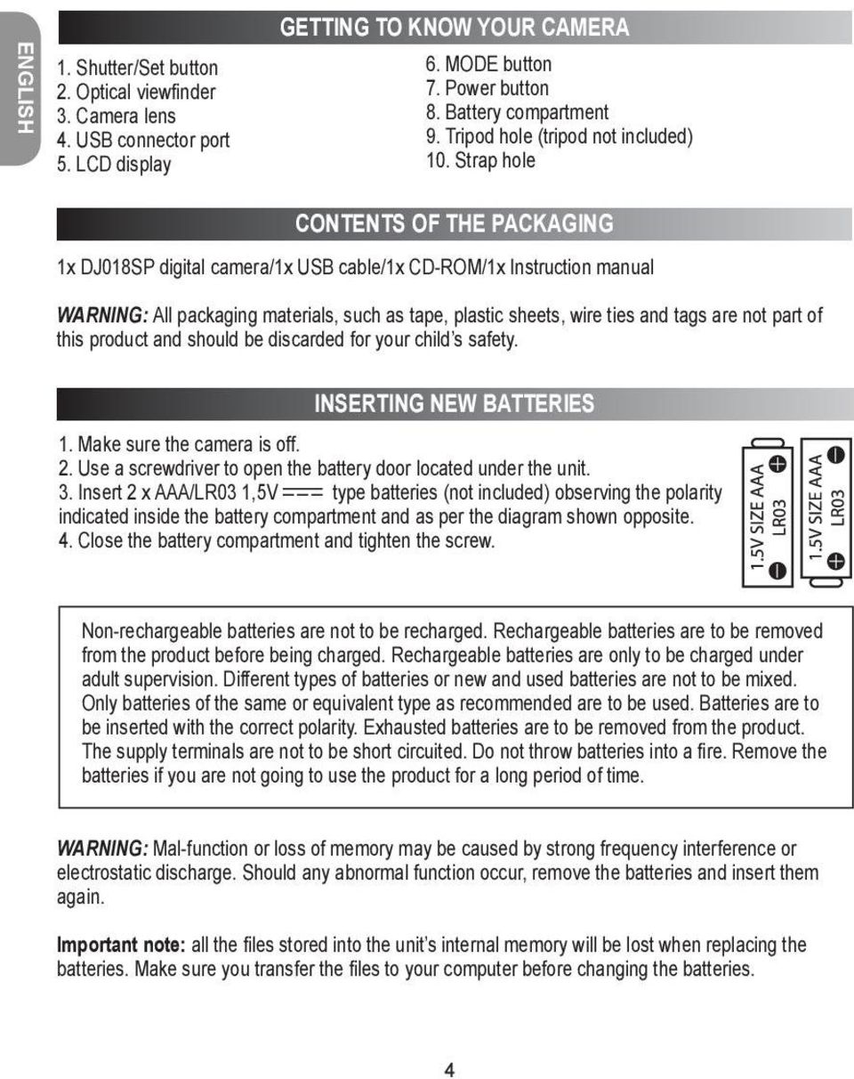 Strap hole CONTENTS OF THE PACKAGING 1x DJ018SP digital camera/1x USB cable/1x CD-ROM/1x Instruction manual WARNING: All packaging materials, such as tape, plastic sheets, wire ties and tags are not