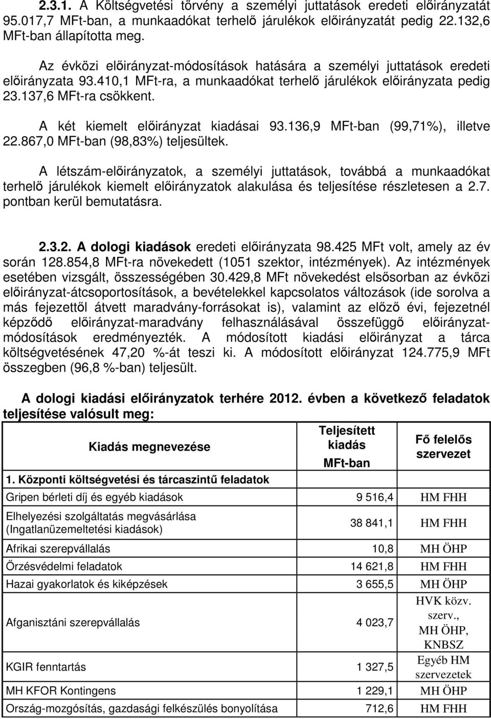 136,9 MFt-ban (99,71%), illetve 22.867,0 MFt-ban (98,83%) teljesültek. A létszám-ok, a személyi juttatások, továbbá a munkaadókat terhelő járulékok kiemelt ok alakulása és teljesítése részletesen a 2.