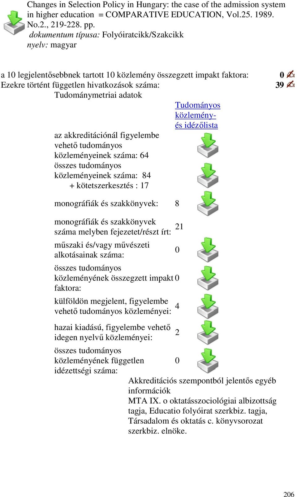 Tudományos közleményés idézılista az akkreditációnál figyelembe vehetı tudományos közleményeinek száma: 64 összes tudományos közleményeinek száma: 84 + kötetszerkesztés : 17 monográfiák és