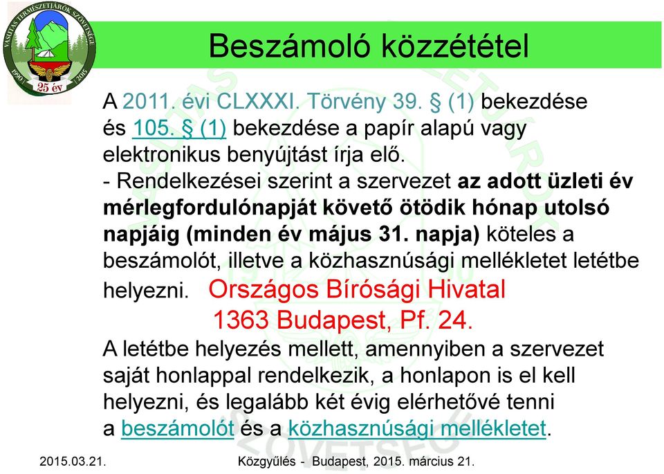 napja) köteles a beszámolót, illetve a közhasznúsági mellékletet letétbe helyezni. Országos Bírósági Hivatal 1363 Budapest, Pf. 24.