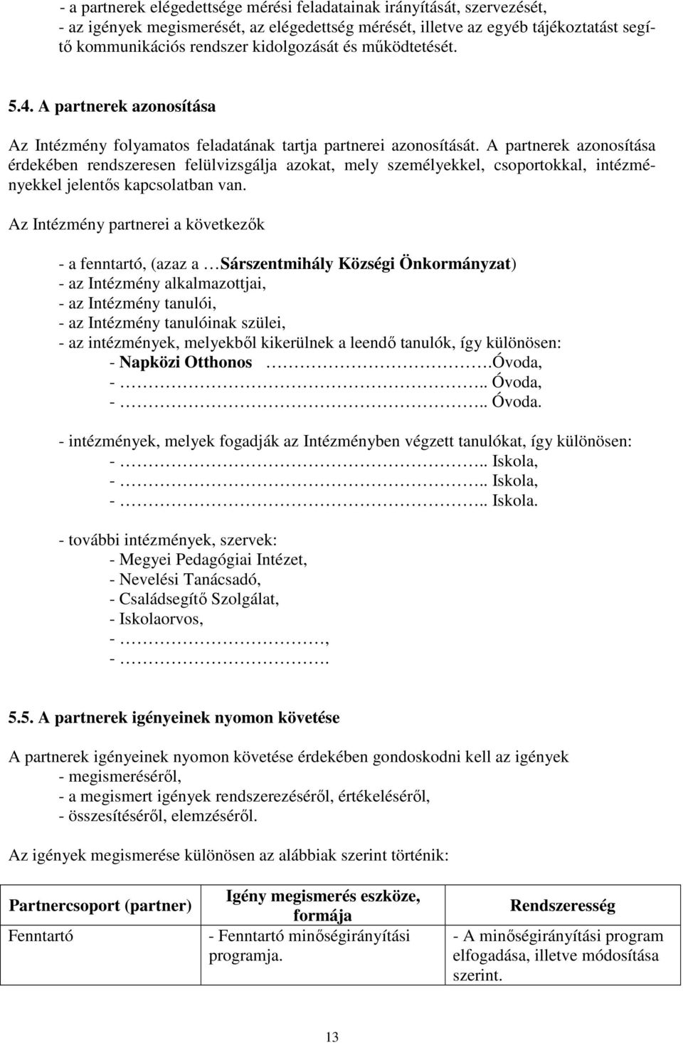 A partnerek azonosítása érdekében rendszeresen felülvizsgálja azokat, mely személyekkel, csoportokkal, intézményekkel jelentős kapcsolatban van.