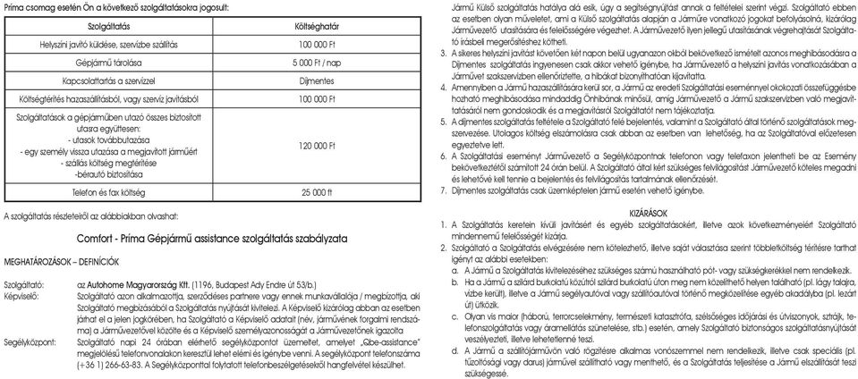 költség megtérítése -bérautó biztosítása Telefon és fax költség Költséghatár 100 000 Ft 5 000 Ft / nap Díjmentes 100 000 Ft 120 000 Ft 25 000 ft Jármû Külsô szolgáltatás hatálya alá esik, úgy a