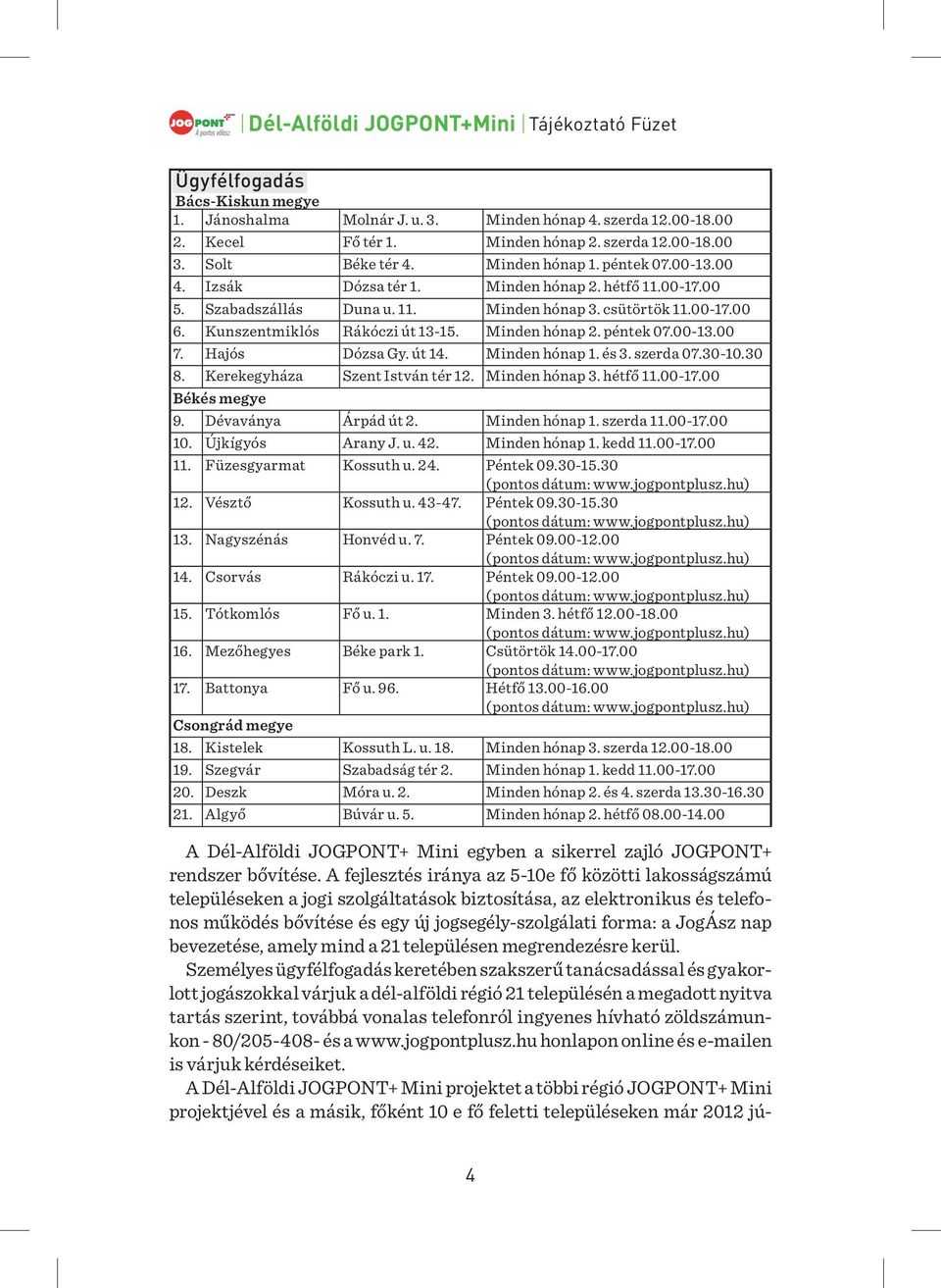 Kunszentmiklós Rákóczi út 13-15. Minden hónap 2. péntek 07.00-13.00 7. Hajós Dózsa Gy. út 14. Minden hónap 1. és 3. szerda 07.30-10.30 8. Kerekegyháza Szent István tér 12. Minden hónap 3. hétfő 11.