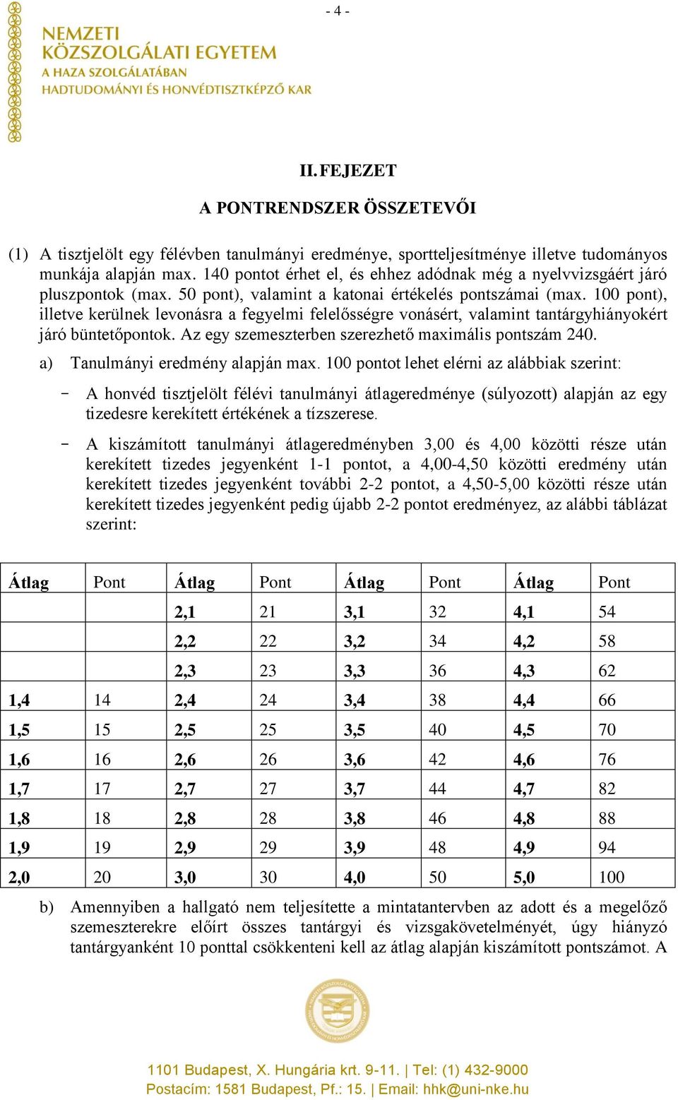 100 pont), illetve kerülnek levonásra a fegyelmi felelősségre vonásért, valamint tantárgyhiányokért járó büntetőpontok. Az egy szemeszterben szerezhető maximális pontszám 240.