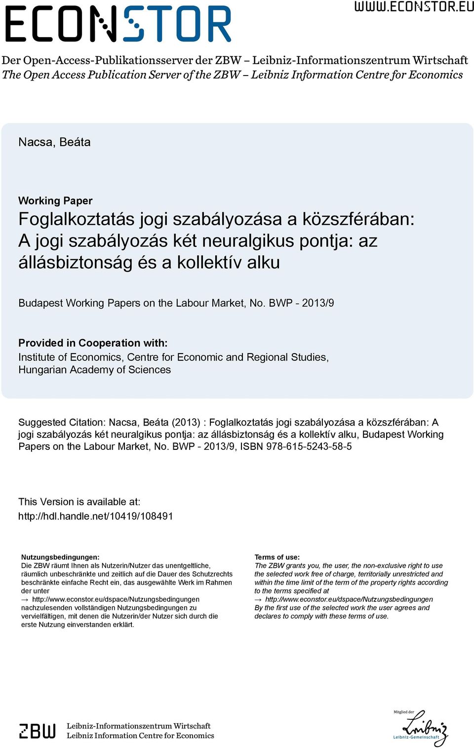 eu Der Open-Access-Publikationsserver der ZBW Leibniz-Informationszentrum Wirtschaft The Open Access Publication Server of the ZBW Leibniz Information Centre for Economics Nacsa, Beáta Working Paper