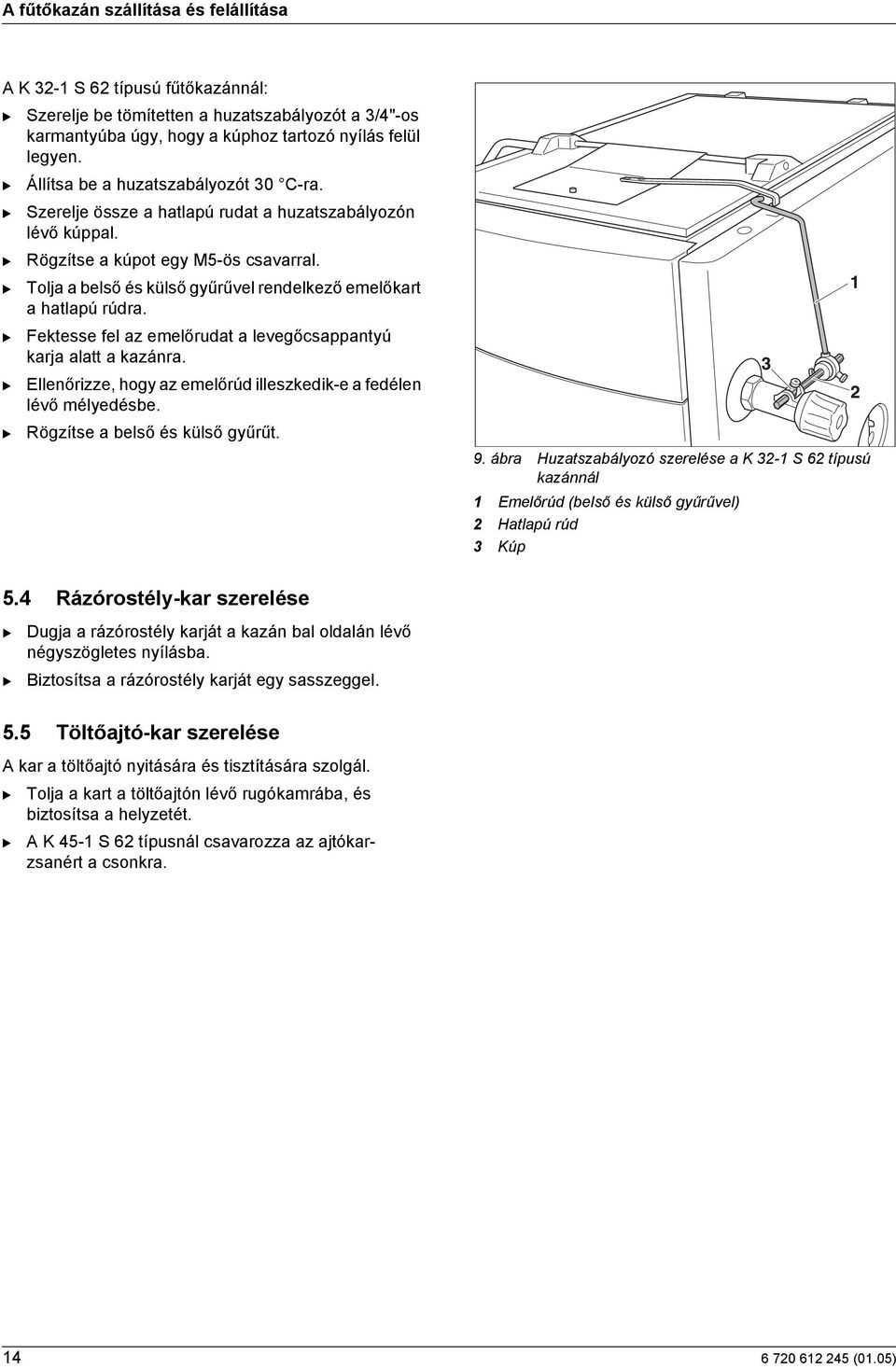 Tolja a belső és külső gyűrűvel rendelkező emelőkart a hatlapú rúdra. Fektesse fel az emelőrudat a levegőcsappantyú karja alatt a kazánra.