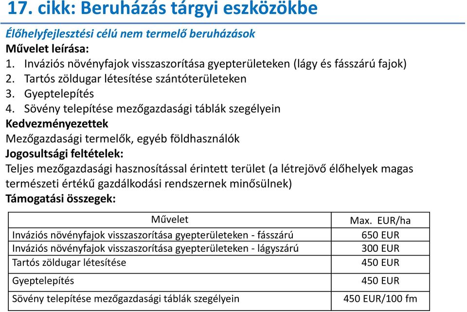 Sövény telepítése mezőgazdasági táblák szegélyein Kedvezményezettek Mezőgazdasági termelők, egyéb földhasználók Jogosultsági feltételek: Teljes mezőgazdasági hasznosítással érintett terület (a