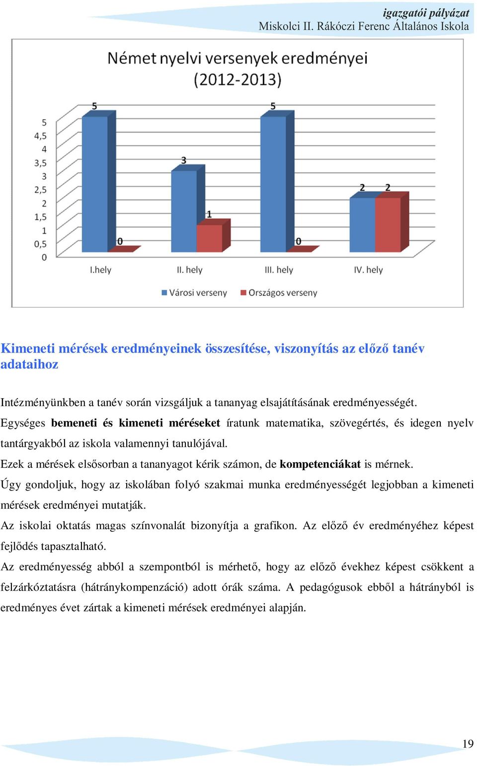 Ezek a mérések els sorban a tananyagot kérik számon, de kompetenciákat is mérnek. Úgy gondoljuk, hogy az iskolában folyó szakmai munka eredményességét legjobban a kimeneti mérések eredményei mutatják.