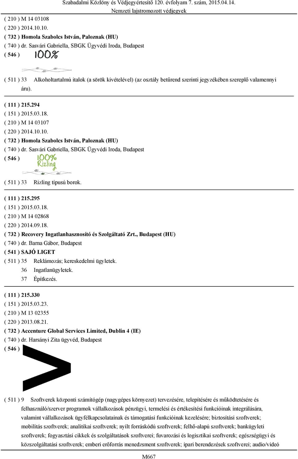 294 ( 151 ) 2015.03.18. ( 210 ) M 14 03107 ( 220 ) 2014.10.10. ( 732 ) Homola Szabolcs István, Paloznak (HU) ( 740 ) dr.