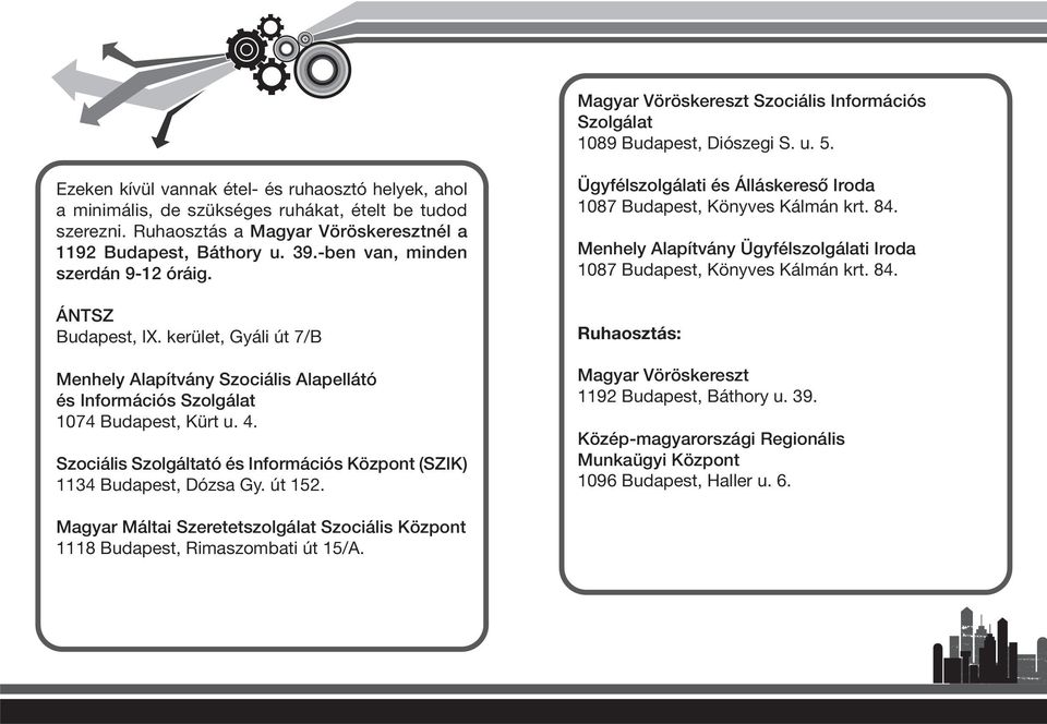 kerület, Gyáli út 7/B Menhely Alapítvány Szociális Alapellátó és Információs Szolgálat 1074 Budapest, Kürt u. 4. Szociális Szolgáltató és Információs Központ (SZIK) 1134 Budapest, Dózsa Gy. út 152.