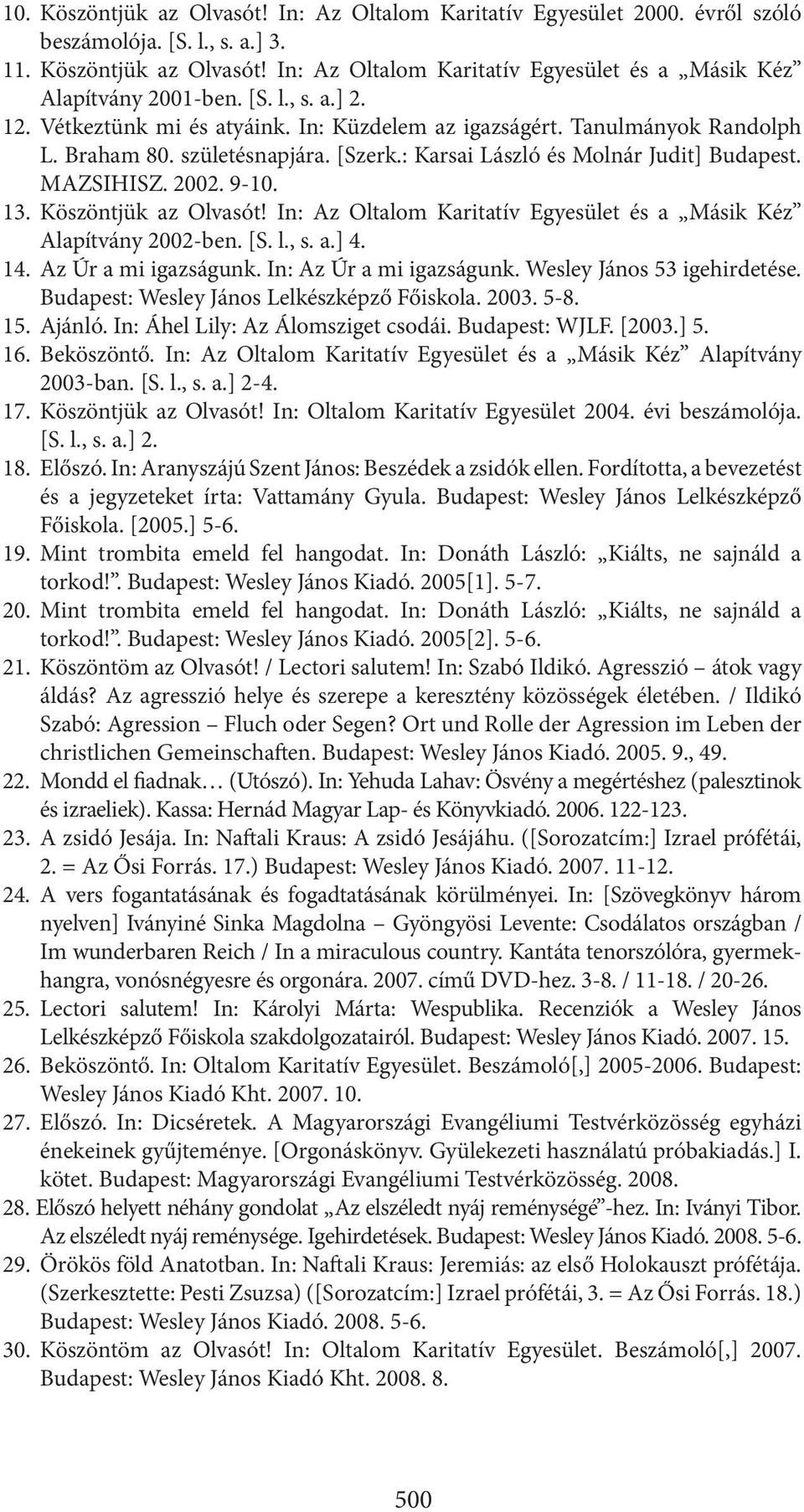 13. Köszöntjük az Olvasót! In: Az Oltalom Karitatív Egyesület és a Másik Kéz Alapítvány 2002-ben. [S. l., s. a.] 4. 14. Az Úr a mi igazságunk. In: Az Úr a mi igazságunk. Wesley János 53 igehirdetése.