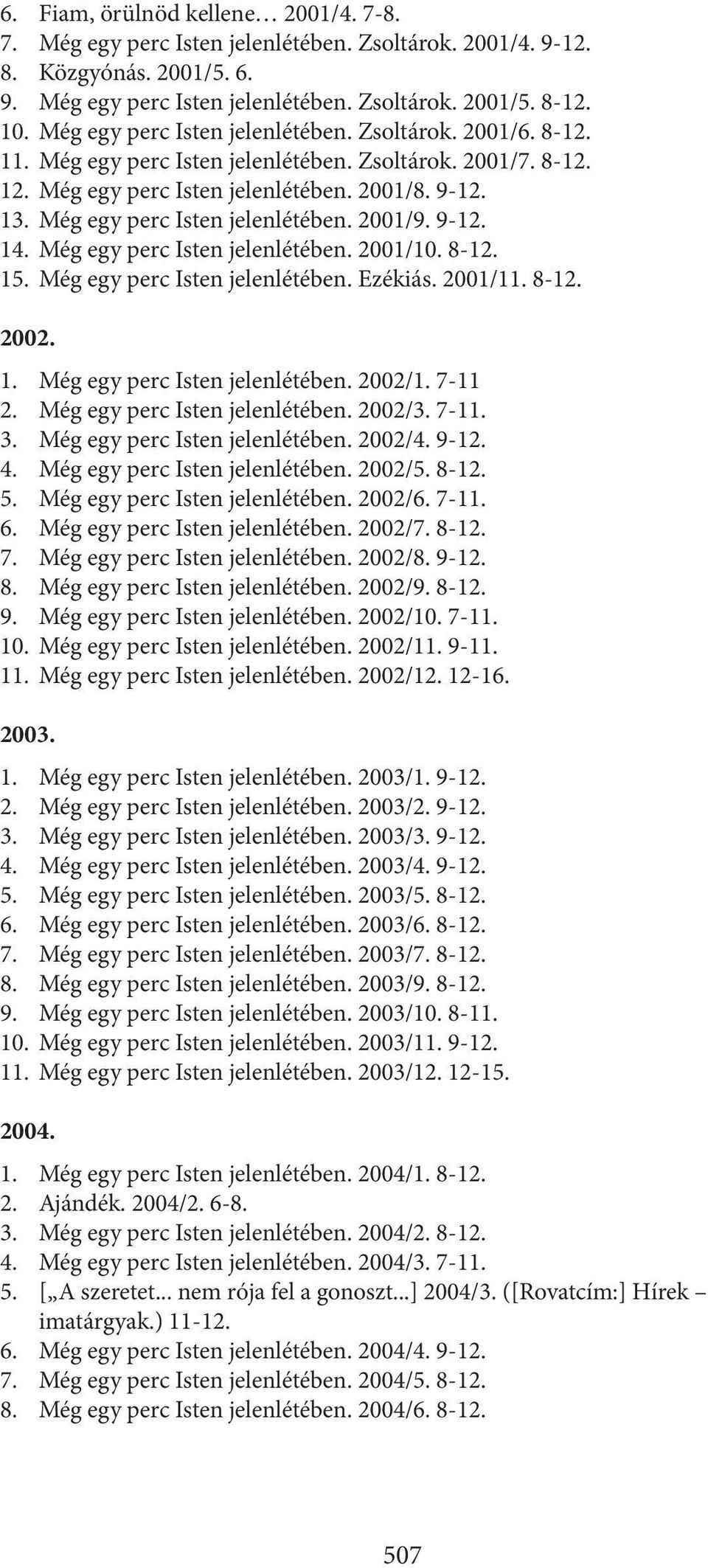 Még egy perc Isten jelenlétében. 2001/9. 9-12. 14. Még egy perc Isten jelenlétében. 2001/10. 8-12. 15. Még egy perc Isten jelenlétében. Ezékiás. 2001/11. 8-12. 2002. 1. Még egy perc Isten jelenlétében. 2002/1.