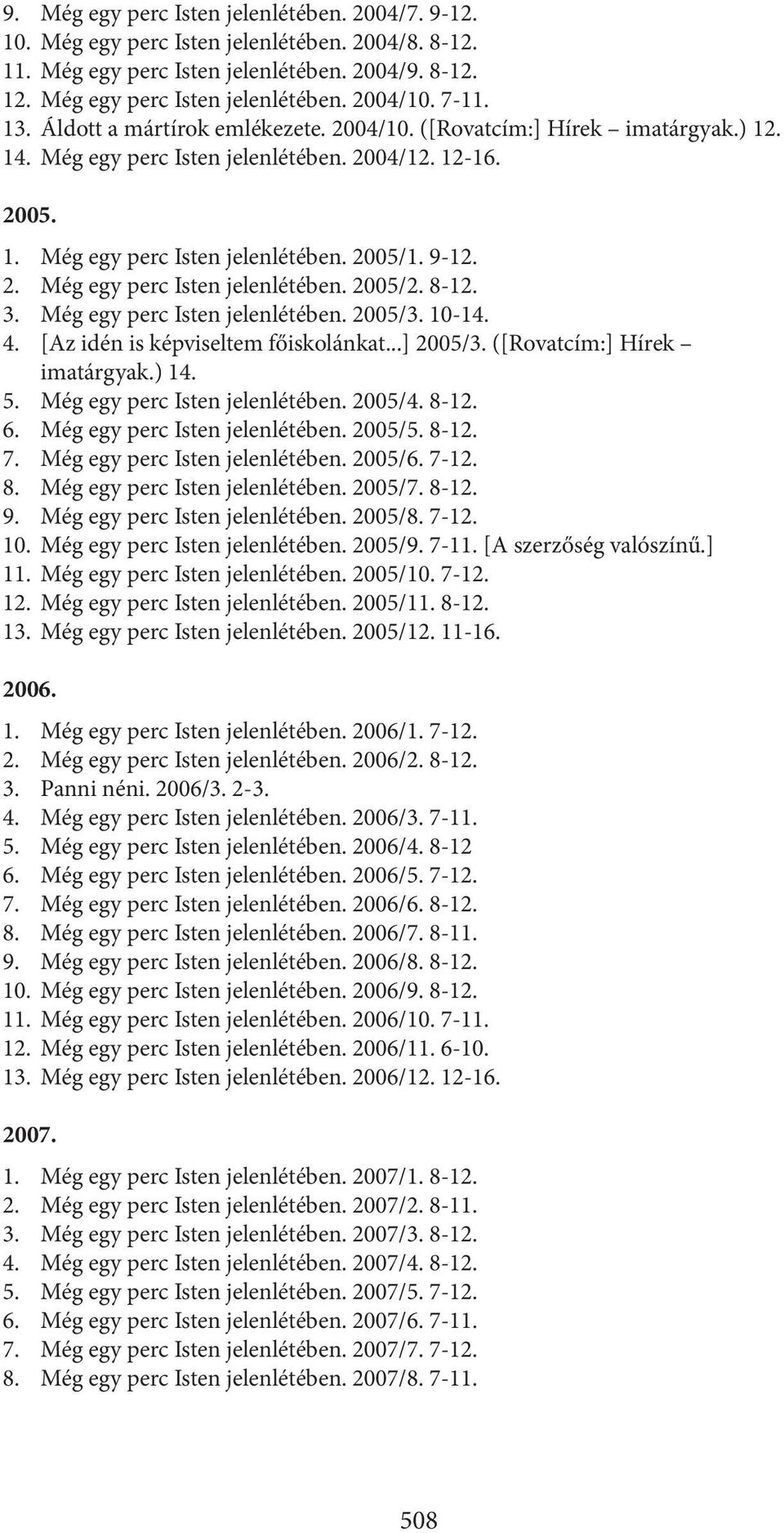 8-12. 3. Még egy perc Isten jelenlétében. 2005/3. 10-14. 4. [Az idén is képviseltem főiskolánkat...] 2005/3. ([Rovatcím:] Hírek imatárgyak.) 14. 5. Még egy perc Isten jelenlétében. 2005/4. 8-12. 6.