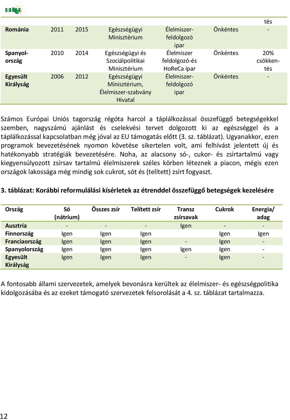 összefüggő betegségekkel szemben, nagyszámú ajánlást és cselekvési tervet dolgozott ki az egészséggel és a táplálkozással kapcsolatban még jóval az EU támogatás előtt (3. sz. táblázat).