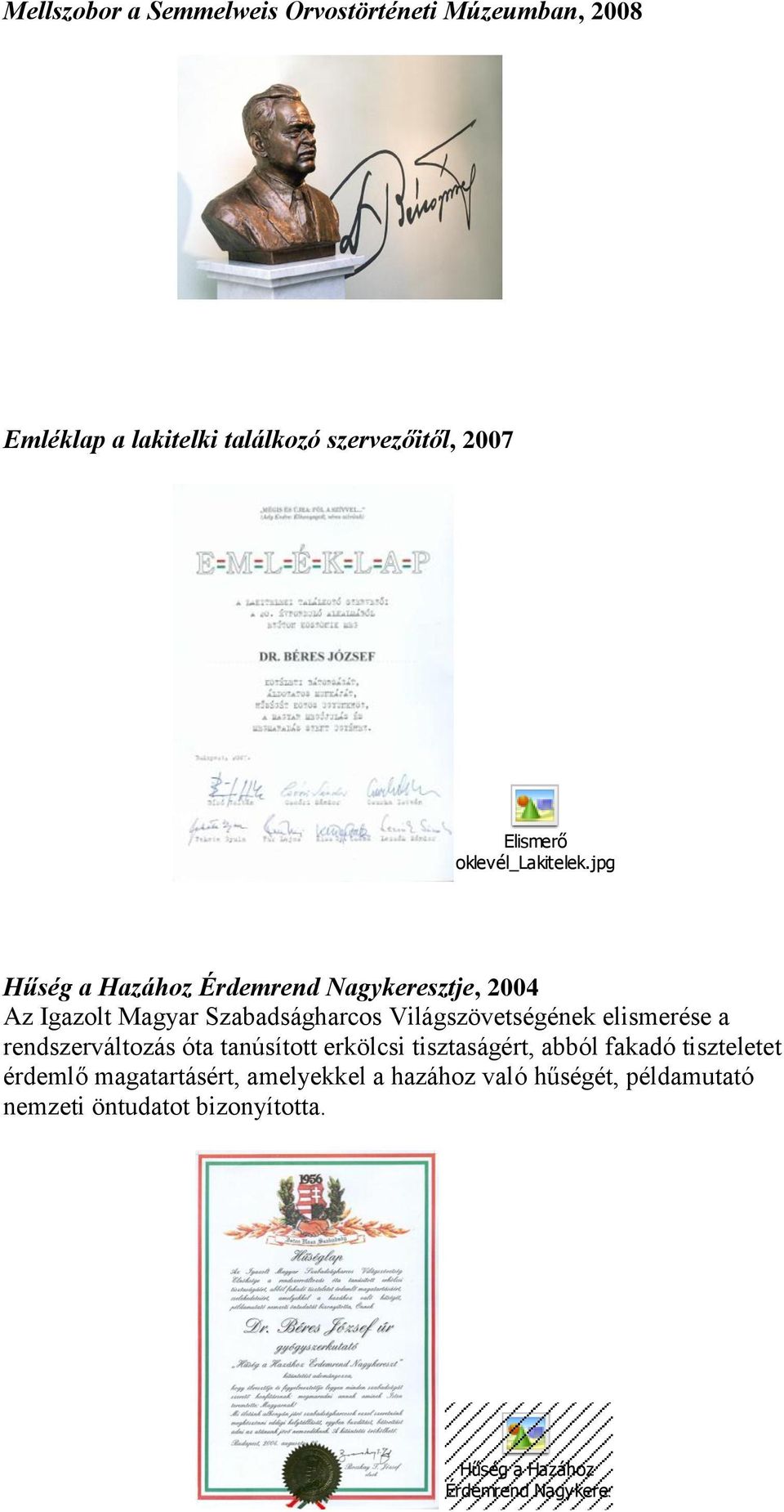 jpg Hűség a Hazához Érdemrend Nagykeresztje, 2004 Az Igazolt Magyar Szabadságharcos Világszövetségének elismerése a