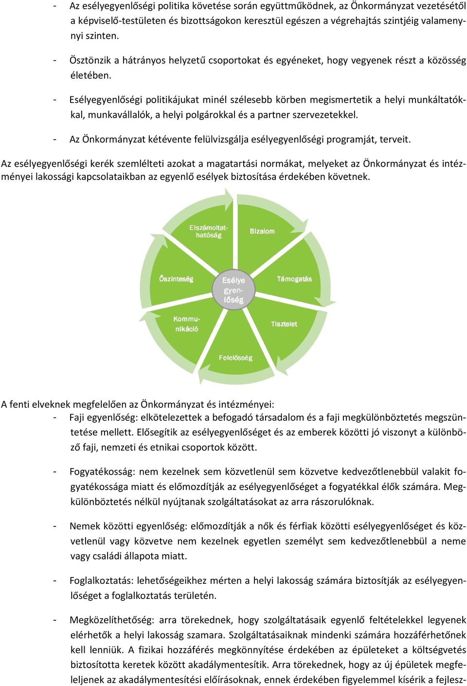 - sélyegyenlőségi politikájukat minél szélesebb körben megismertetik a helyi munkáltatókkal, munkavállalók, a helyi polgárokkal és a partner szervezetekkel.