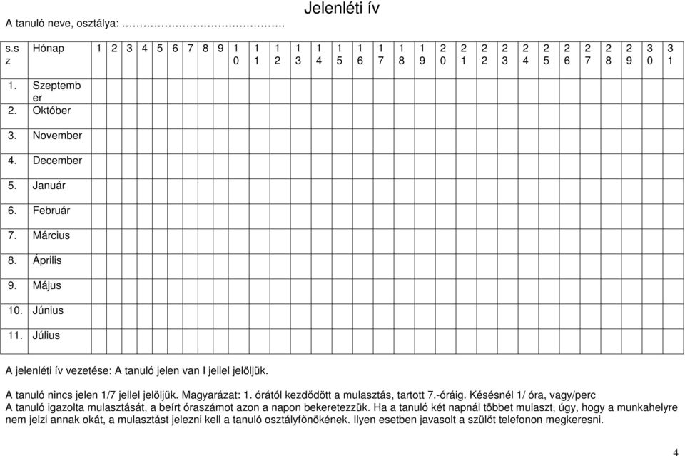 A tanuló nincs jelen 1/7 jellel jelöljük. Magyarázat: 1. órától kezdődött a mulasztás, tartott 7.-óráig.
