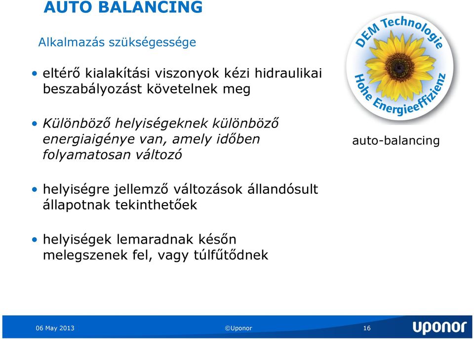 időben folyamatosan változó auto-balancing helyiségre jellemző változások állandósult