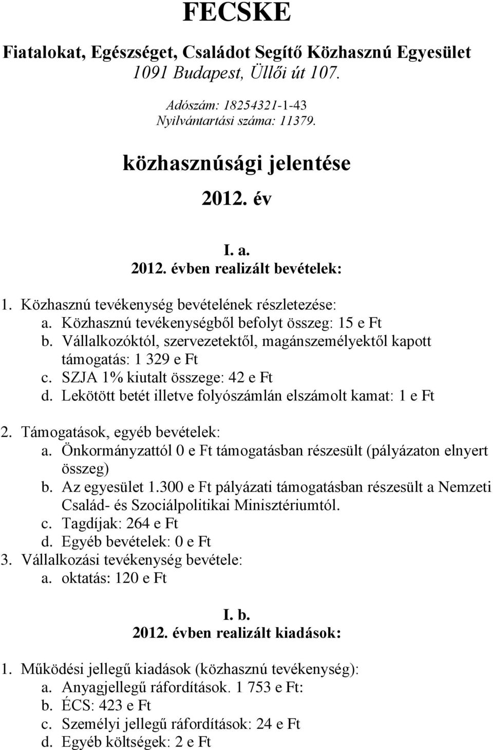 Vállalkozóktól, szervezetektől, magánszemélyektől kapott támogatás: 1 329 e Ft c. SZJA 1% kiutalt összege: 42 e Ft d. Lekötött betét illetve folyószámlán elszámolt kamat: 1 e Ft 2.