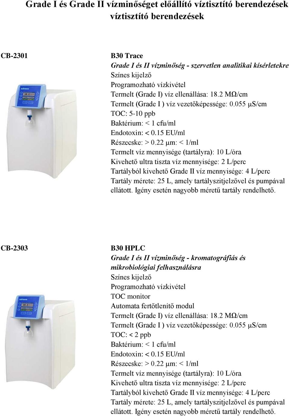 szervetlen analitikai kísérletekre TOC: 5-10 ppb CB-2303 B30 HPLC Grade I és