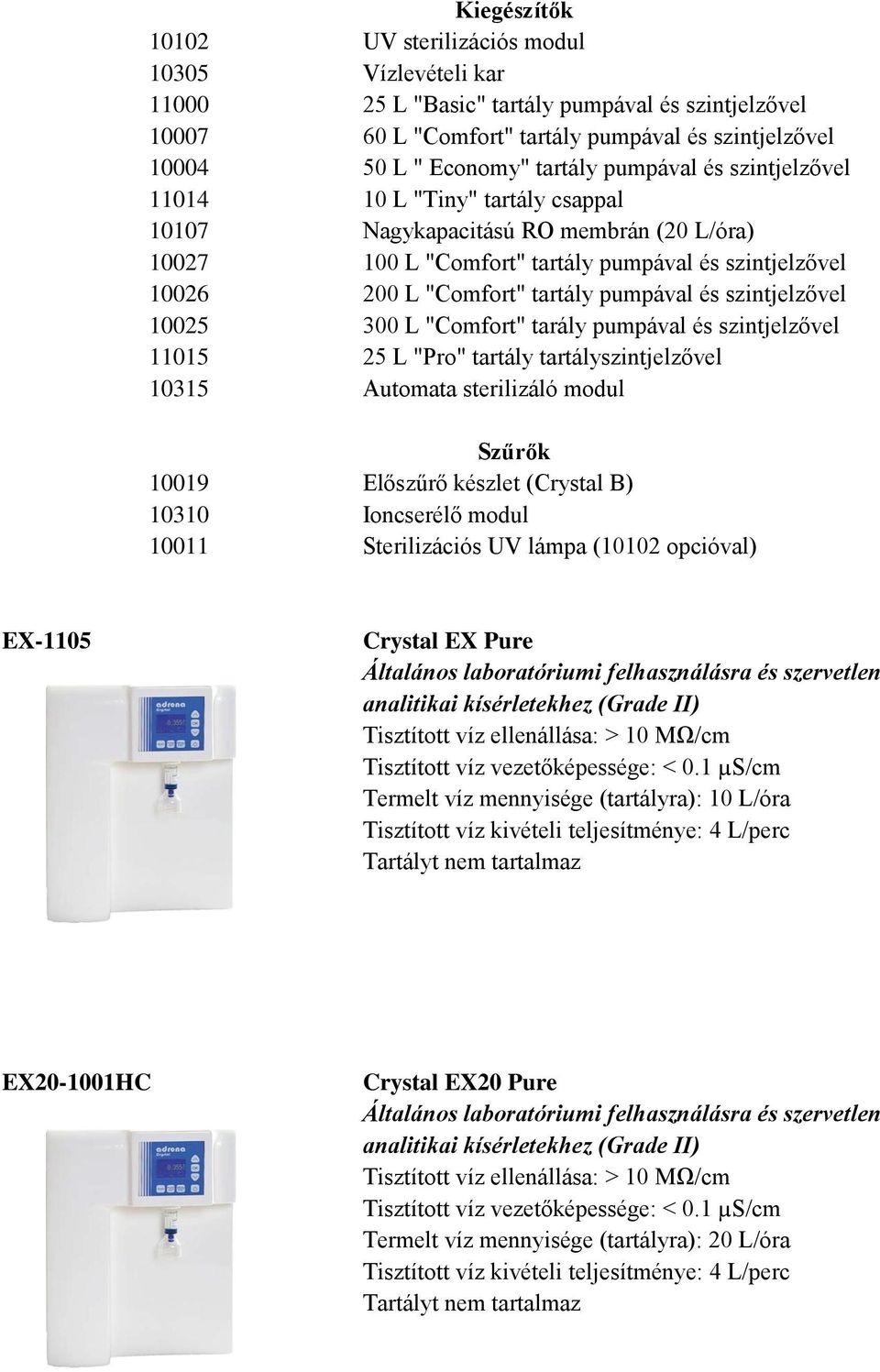 pumpával és szintjelzővel 10025 300 L "Comfort" tarály pumpával és szintjelzővel 11015 25 L "Pro" tartály tartályszintjelzővel 10315 Automata sterilizáló modul Szűrők 10019 Előszűrő készlet (Crystal