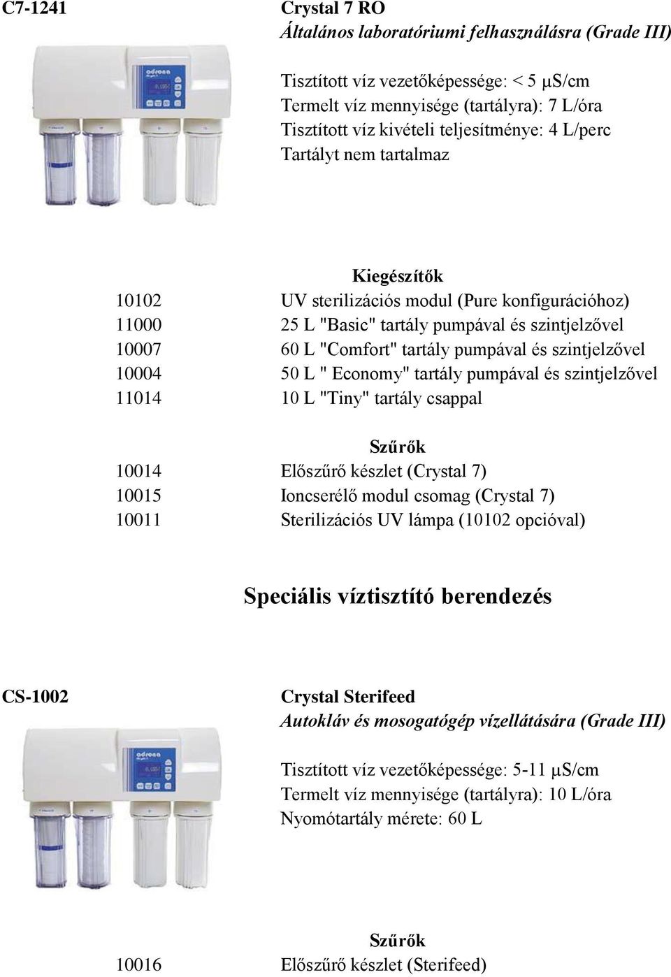 szintjelzővel 10004 50 L " Economy" tartály pumpával és szintjelzővel 11014 10 L "Tiny" tartály csappal Szűrők 10014 Előszűrő készlet (Crystal 7) 10015 Ioncserélő modul csomag (Crystal 7) 10011
