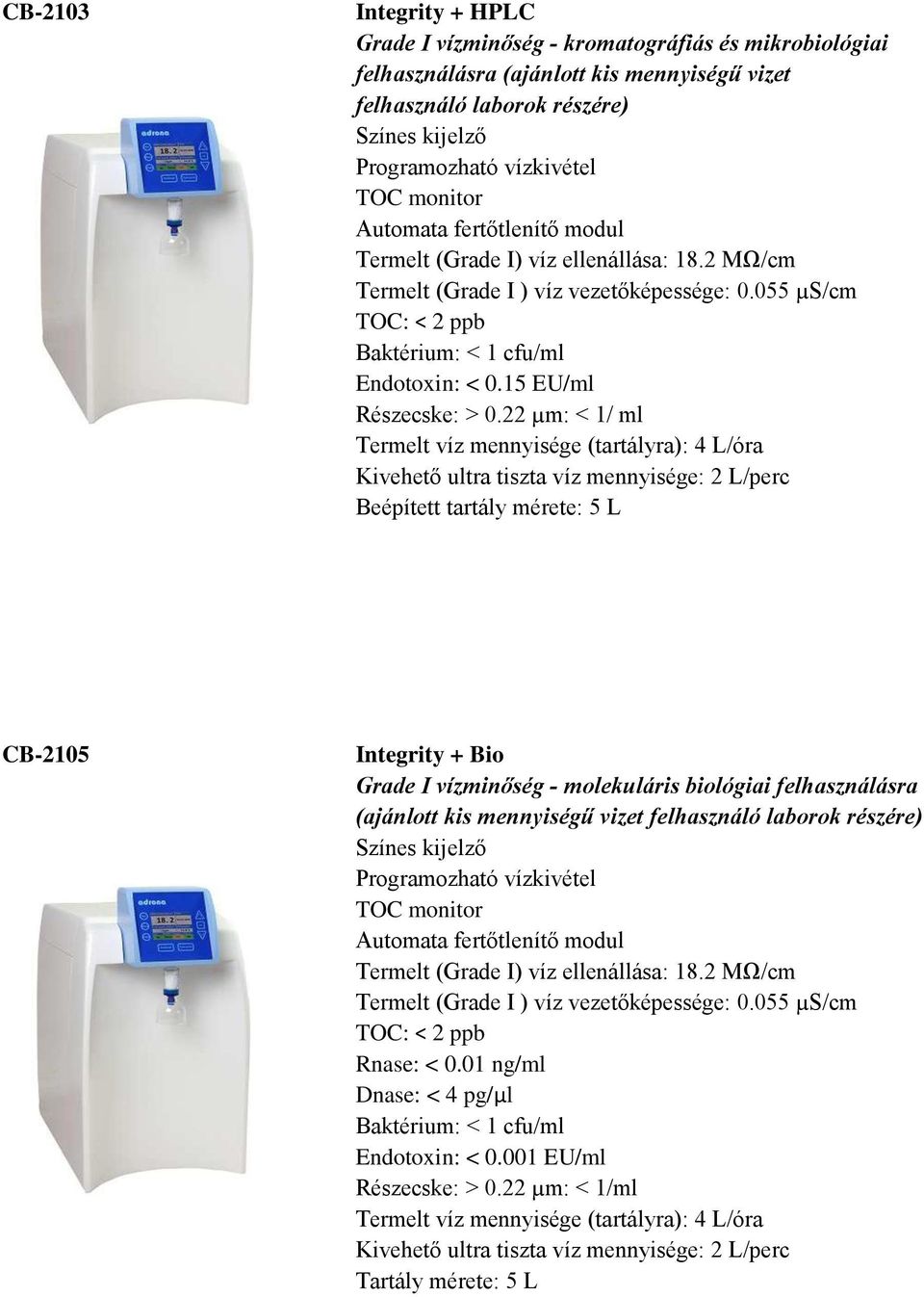 22 µm: < 1/ ml Termelt víz mennyisége (tartályra): 4 L/óra Beépített tartály mérete: 5 L CB-2105 Integrity + Bio Grade I vízminőség - molekuláris