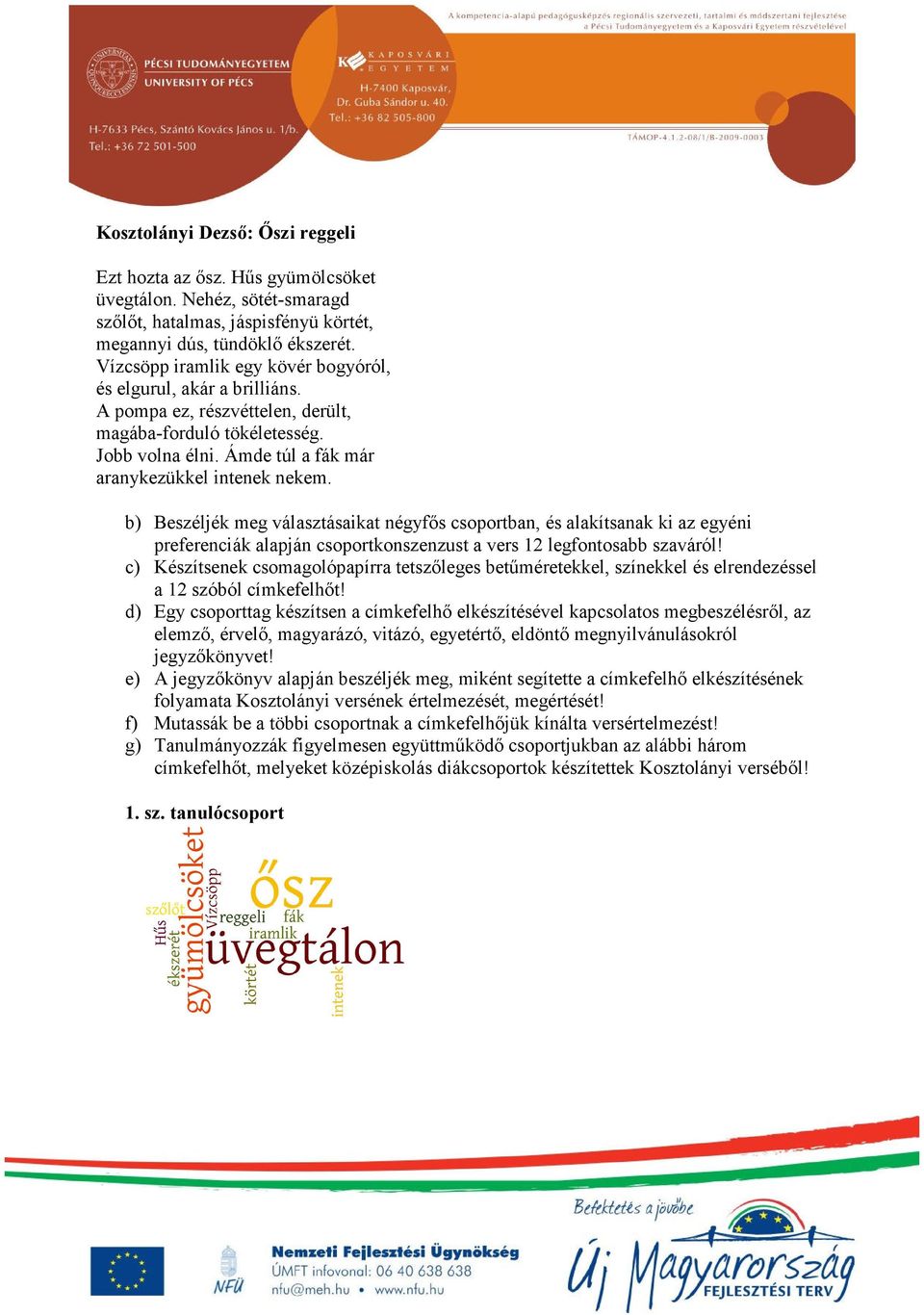 b) Beszéljék meg választásaikat négyfős csoportban, és alakítsanak ki az egyéni preferenciák alapján csoportkonszenzust a vers 12 legfontosabb szaváról!