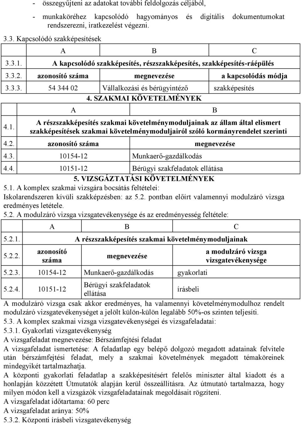 SZAKMAI KÖVETELMÉNYEK 4.1. A A részszakképesítés szakmai követelménymoduljainak az állam által elismert szakképesítések szakmai követelménymoduljairól szóló kormányrendelet szerinti 4.2.