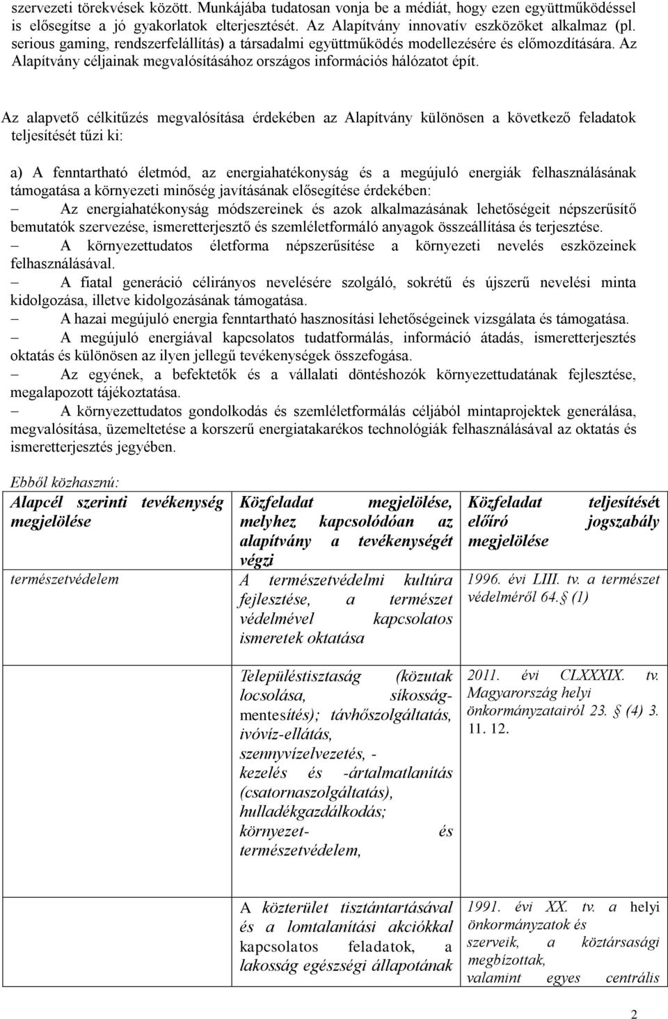 Az alapvető célkitűzés megvalósítása érdekében az Alapítvány különösen a következő feladatok teljesítését tűzi ki: a) A fenntartható életmód, az energiahatékonyság és a megújuló energiák