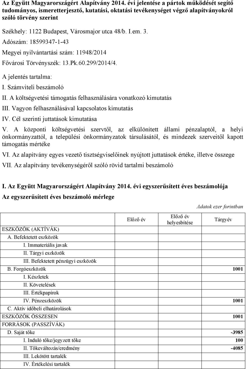 3. Adószám: 18599347-1-43 Megyei nyilvántartási szám: 11948/2014 Fővárosi Törvényszék: 13.Pk.60.299/2014/4. A jelentés tartalma: I. Számviteli beszámoló II.