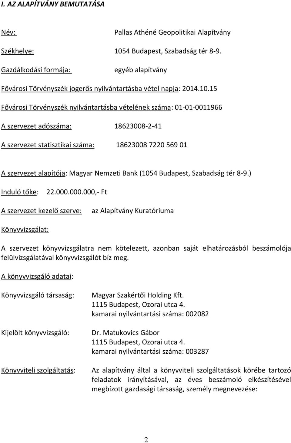 15 Fővárosi Törvényszék nyilvántartásba vételének száma: 01-01-0011966 A szervezet adószáma: 18623008-2-41 A szervezet statisztikai száma: 18623008 7220 569 01 A szervezet alapítója: Magyar Nemzeti