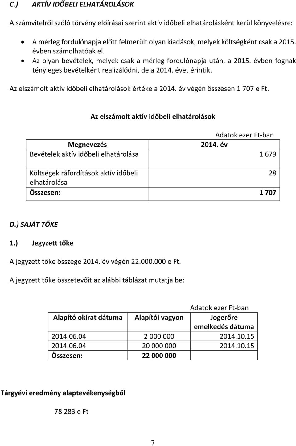 Az elszámolt aktív időbeli elhatárolások értéke a 2014. év végén összesen 1 707 e Ft. Az elszámolt aktív időbeli elhatárolások 2014.