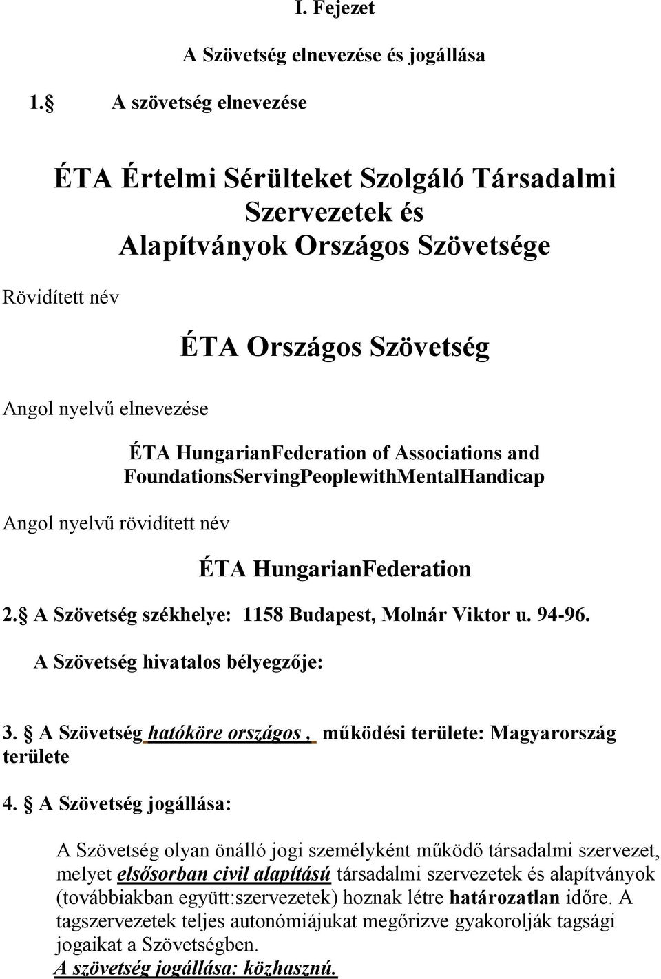 Angol nyelvű rövidített név ÉTA HungarianFederation of Associations and FoundationsServingPeoplewithMentalHandicap ÉTA HungarianFederation 2. A Szövetség székhelye: 1158 Budapest, Molnár Viktor u.