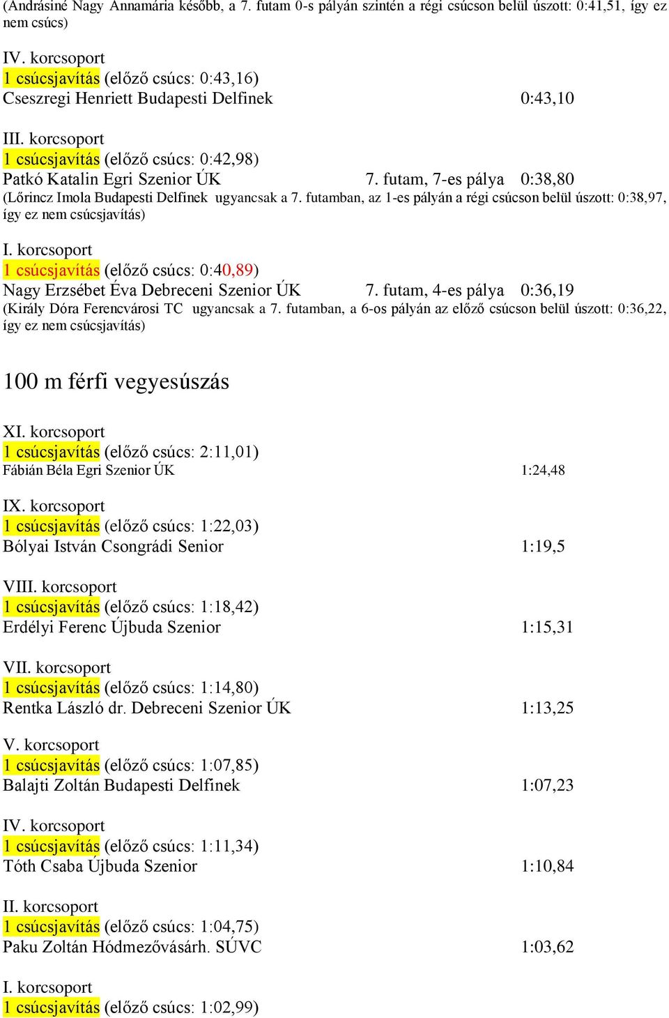 0:42,98) Patkó Katalin Egri Szenior ÚK 7. futam, 7-es pálya 0:38,80 (Lőrincz Imola Budapesti Delfinek ugyancsak a 7.