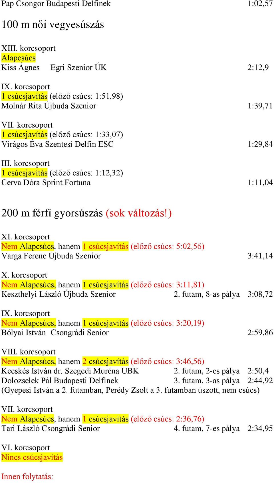 ) X Nem, hanem 1 csúcsjavítás (előző csúcs: 5:02,56) Varga Ferenc Újbuda Szenior 3:41,14 X. korcsoport Nem, hanem 1 csúcsjavítás (előző csúcs: 3:11,81) Keszthelyi László Újbuda Szenior 2.