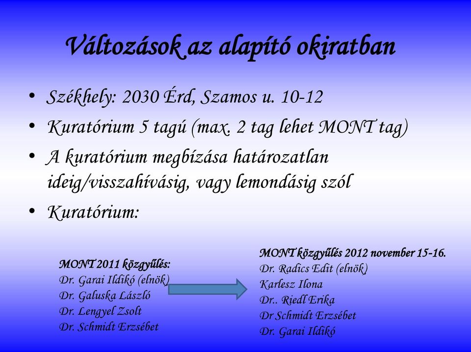 Kuratórium: MONT 2011 közgyűlés: Dr. Garai Ildikó (elnök) Dr. Galuska László Dr. Lengyel Zsolt Dr.