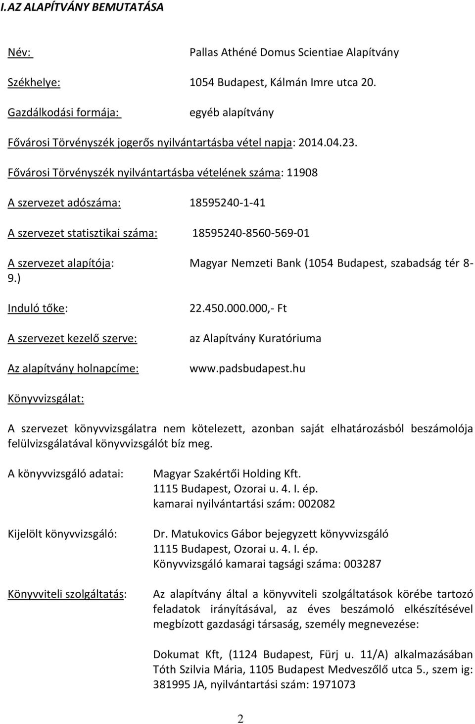 Fővárosi Törvényszék nyilvántartásba vételének száma: 11908 A szervezet adószáma: 18595240-1-41 A szervezet statisztikai száma: 18595240-8560-569-01 A szervezet alapítója: Magyar Nemzeti Bank (1054