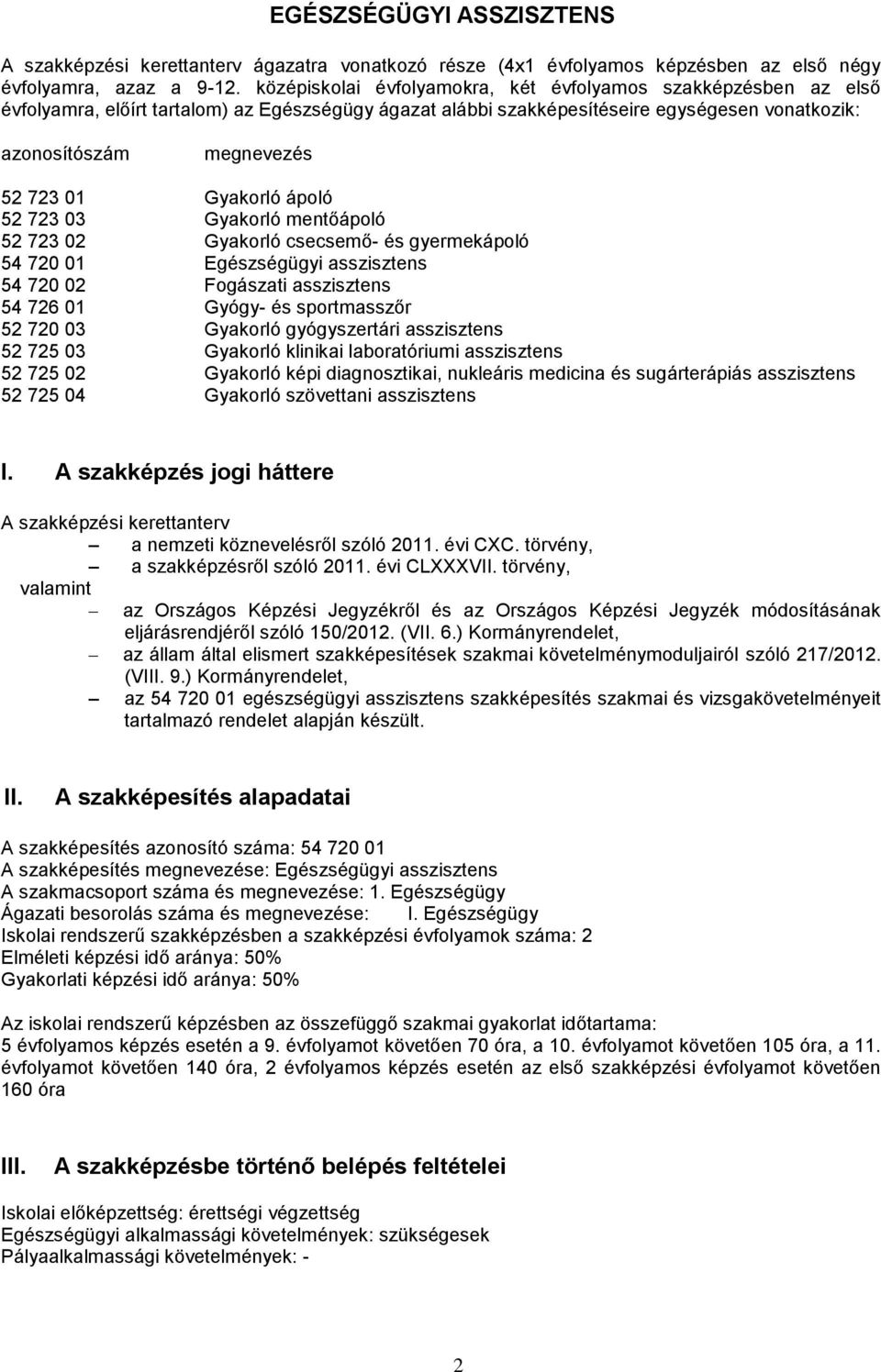 Gyakorló ápoló 52 723 03 Gyakorló mentőápoló 52 723 02 Gyakorló csecsemő- és gyermekápoló 54 720 01 Egészségügyi asszisztens 54 720 02 Fogászati asszisztens 54 726 01 Gyógy- és sportmasszőr 52 720 03