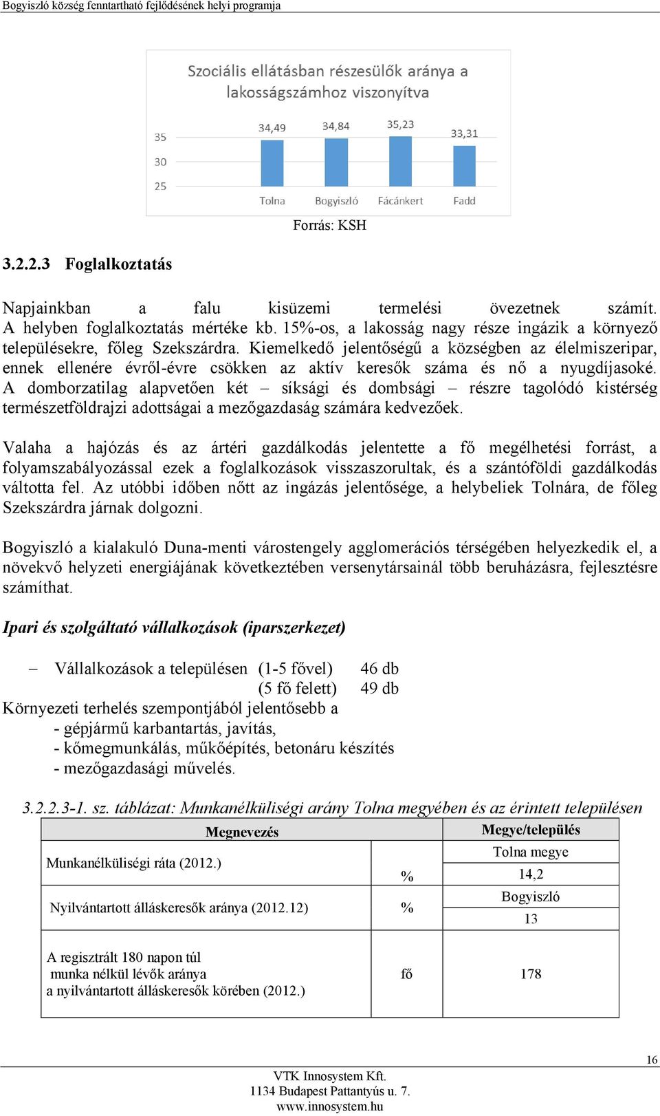 Kiemelkedő jelentőségű a községben az élelmiszeripar, ennek ellenére évről-évre csökken az aktív keresők száma és nő a nyugdíjasoké.